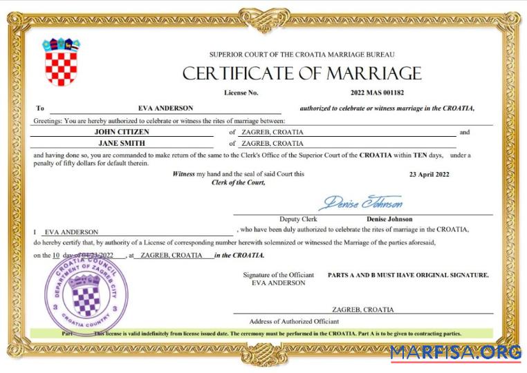 Realistic Croatia marriage certificate Word and PDF template